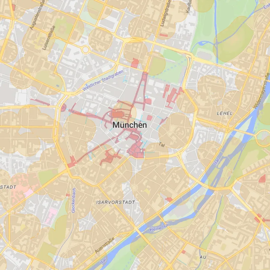 Screenshot der Bubatzkarte mit Cannabis-Verbotszonen in München